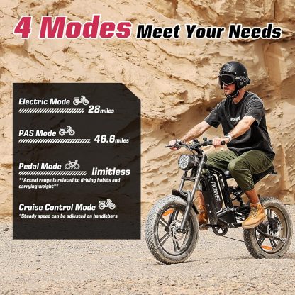 Electric Bike for Adults, Full Suspension, 48V13Ah Removable Battery, Up to 28MPH & 46.6 Miles (PAS), 750W Ebike with All-Terrain 4.0" Fat Tires, Cruise Control, Moped E-Bike - Image 4