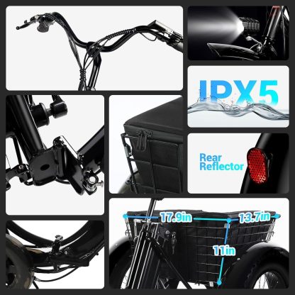 Electric Tricycle for Adults, 20" x 4.0 Fat Tire Electric Trike, Peak 500W 20MPH 36V 13Ah Lithium Battery UL Certified, Premium 80% Assembled Foldable 3 Wheel Electric Bicycle, Black - Image 8