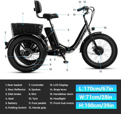 Electric Tricycle for Adults, 20" x 4.0 Fat Tire Electric Trike, Peak 500W 20MPH 36V 13Ah Lithium Battery UL Certified, Premium 80% Assembled Foldable 3 Wheel Electric Bicycle, Black - Image 7
